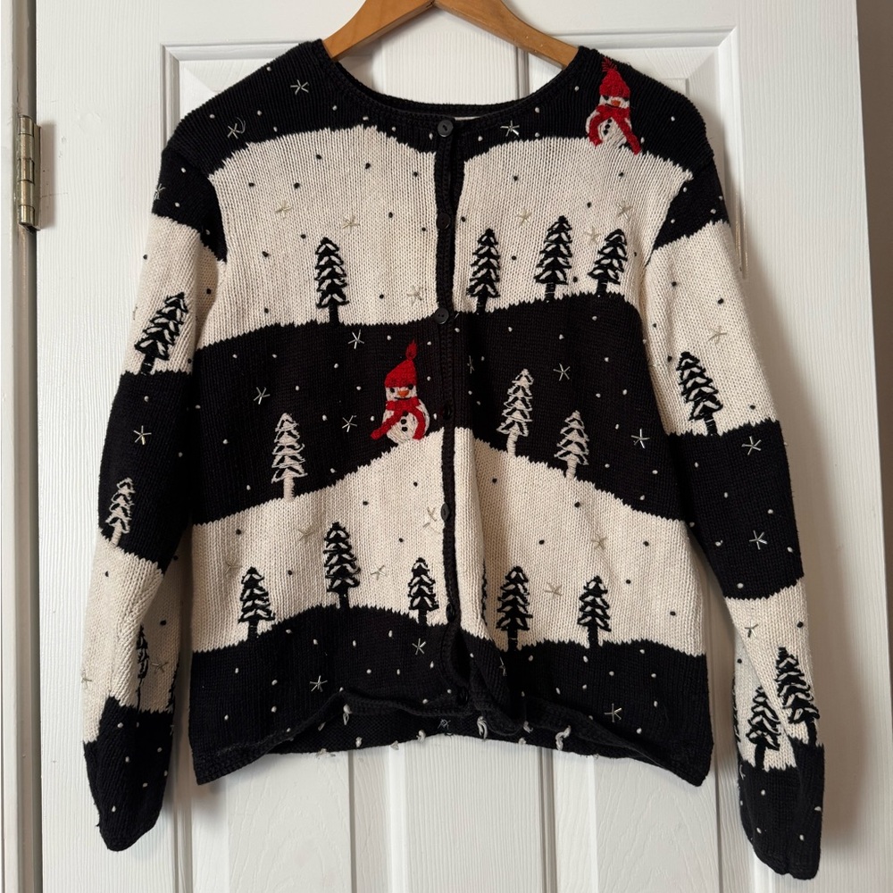 Vintage Talbots Ugly Christmas Sweater M | Winter Scene Cardigan Linen Blend